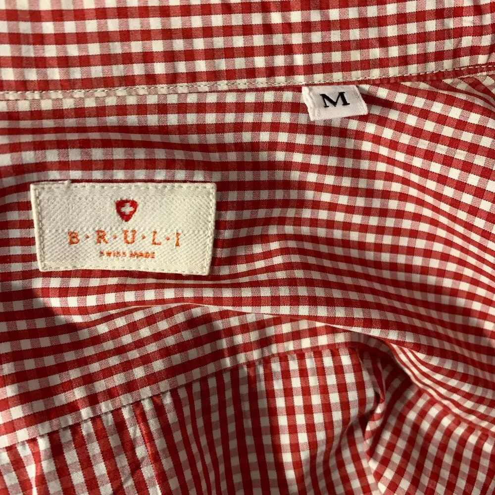 BRULI Size M Red White Gingham Cotton Pointed Collar Long Sleeve Shirt